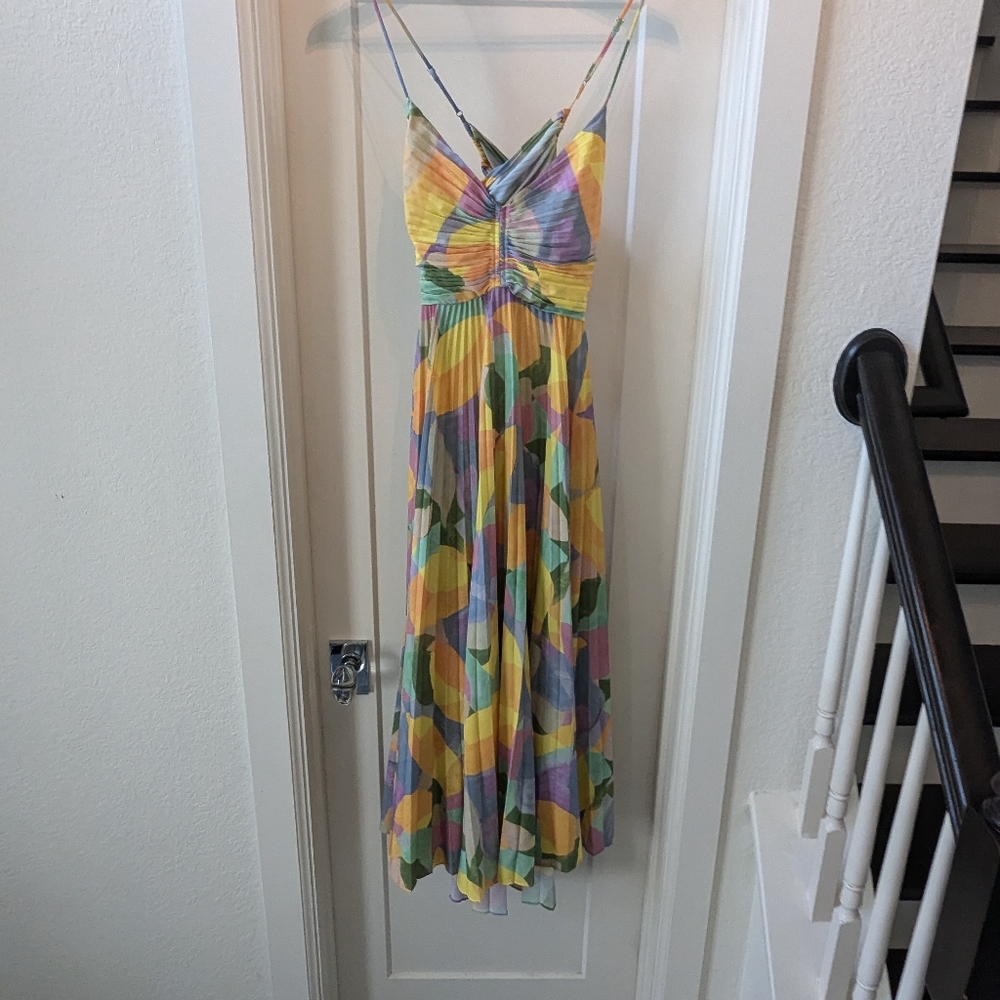 Astr Multicolor Pleated Midi Dress in Yellow, Green, Purple - Picture 2 of 4